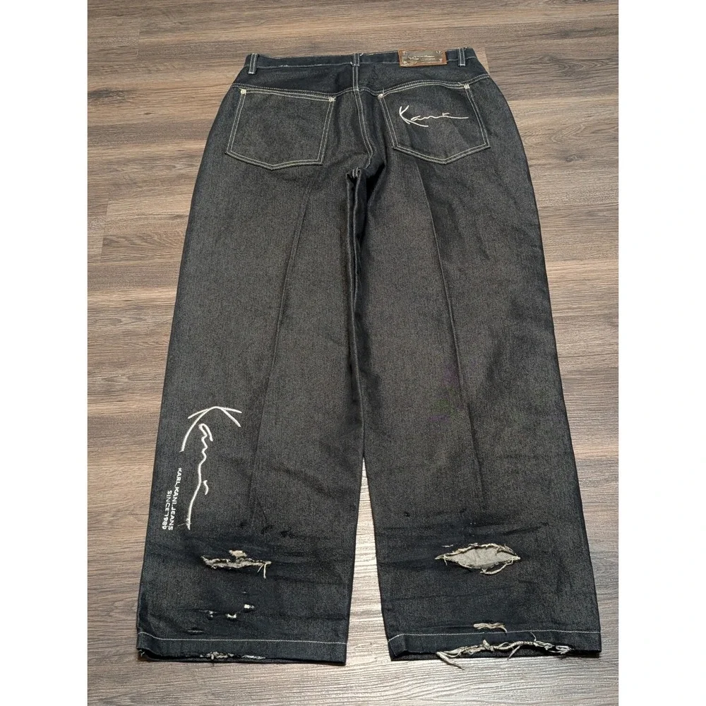 Karl Kani Baggy Barrel Jeans‎ Dark Wash Black Distressed 38x32 Y2K Streetwear
